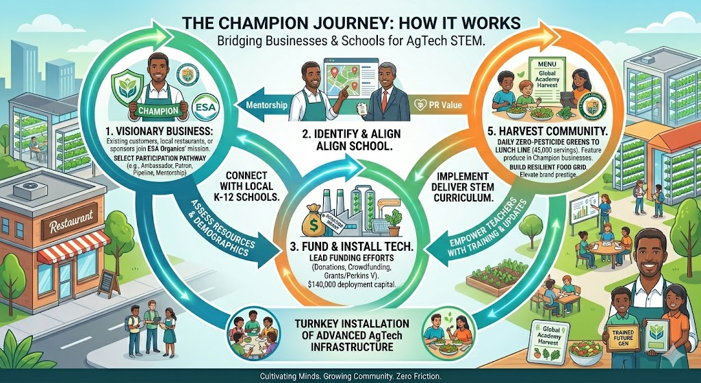 Infographic flowchart showing the steps of the AgTech Champion Journey from school alignment to vertical farm installation.